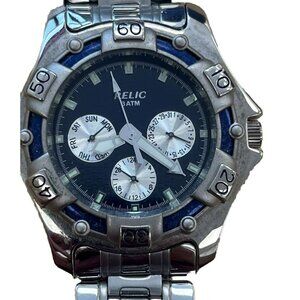 VTG Relic Mens Blue Dial Day Date Stainless ZR15279 Watch New Battery -Nice!!